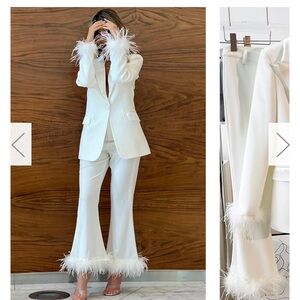 White feather blazer pants set
